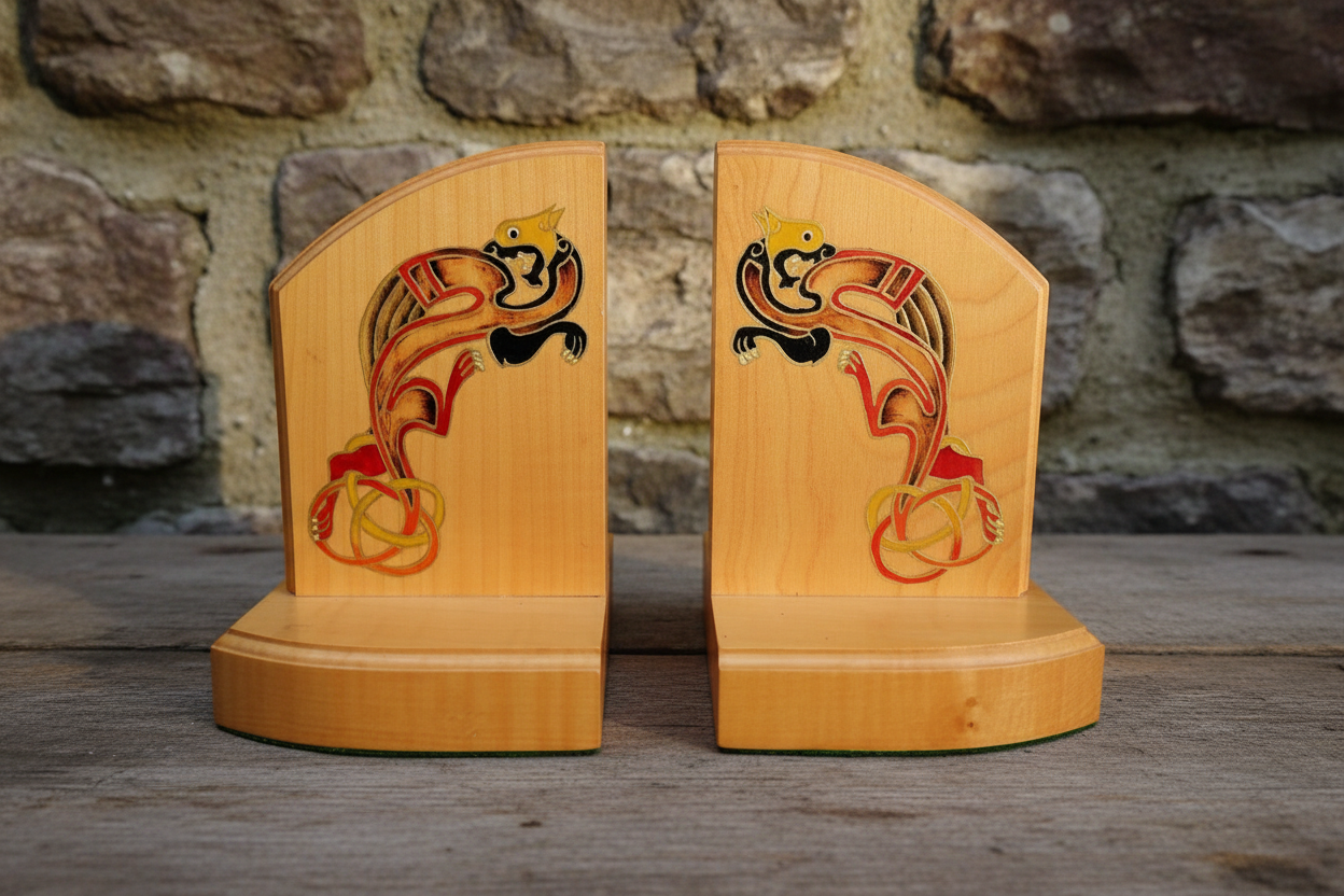 Pair of Scottish Celtic dragon wooden bookends displayed side by side in vintage setting
