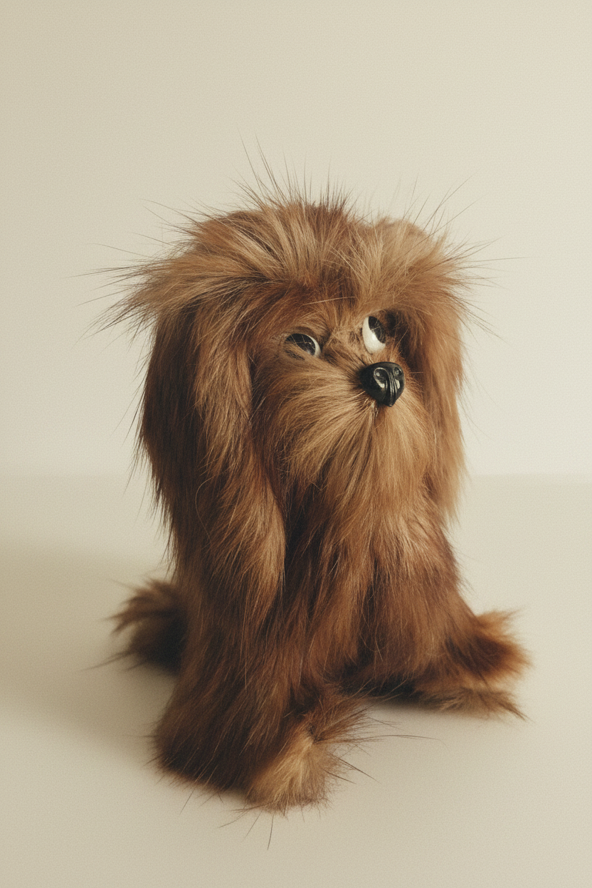 Vintage natural fur dog figurine resembling a fluffy Pekingese puppy with glass eyes, clear bright product photo