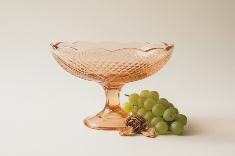 Vintage peach pink pressed glass fruit bowl with diamond pattern on light background
