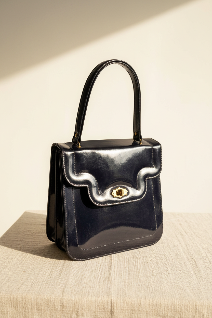 Vintage navy patent leather structured flap handbag on cream linen background with warm natural light