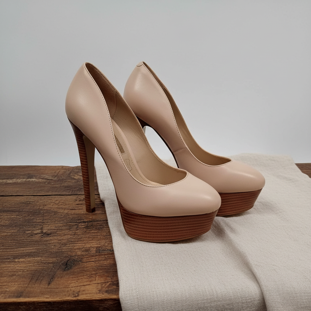 Dune London nude leather platform stiletto heels on vintage wooden surface
