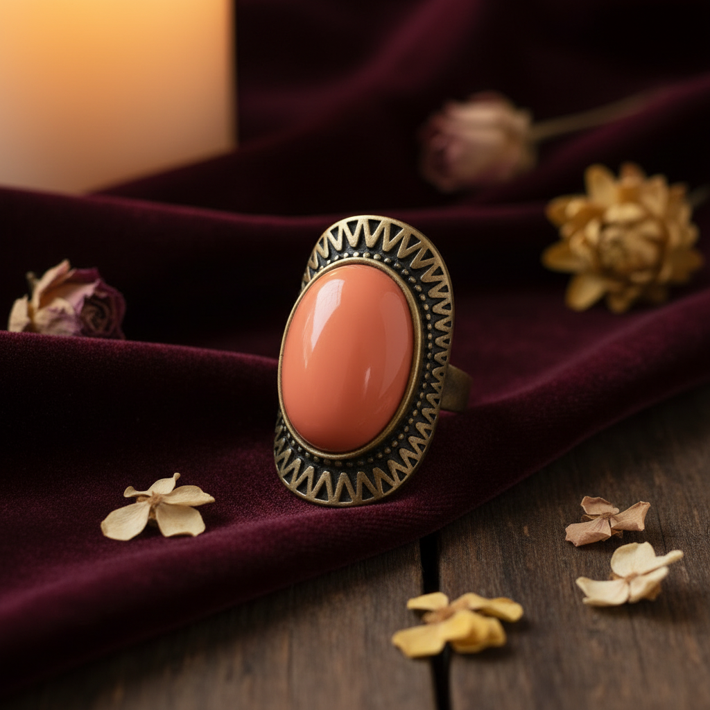 Vintage coral peach cabochon statement ring in antique bronze engraved setting