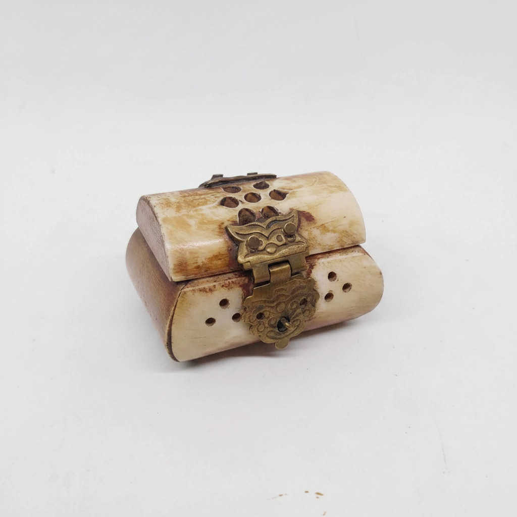 Vintage bone jewellery box with brass clasp on white background
