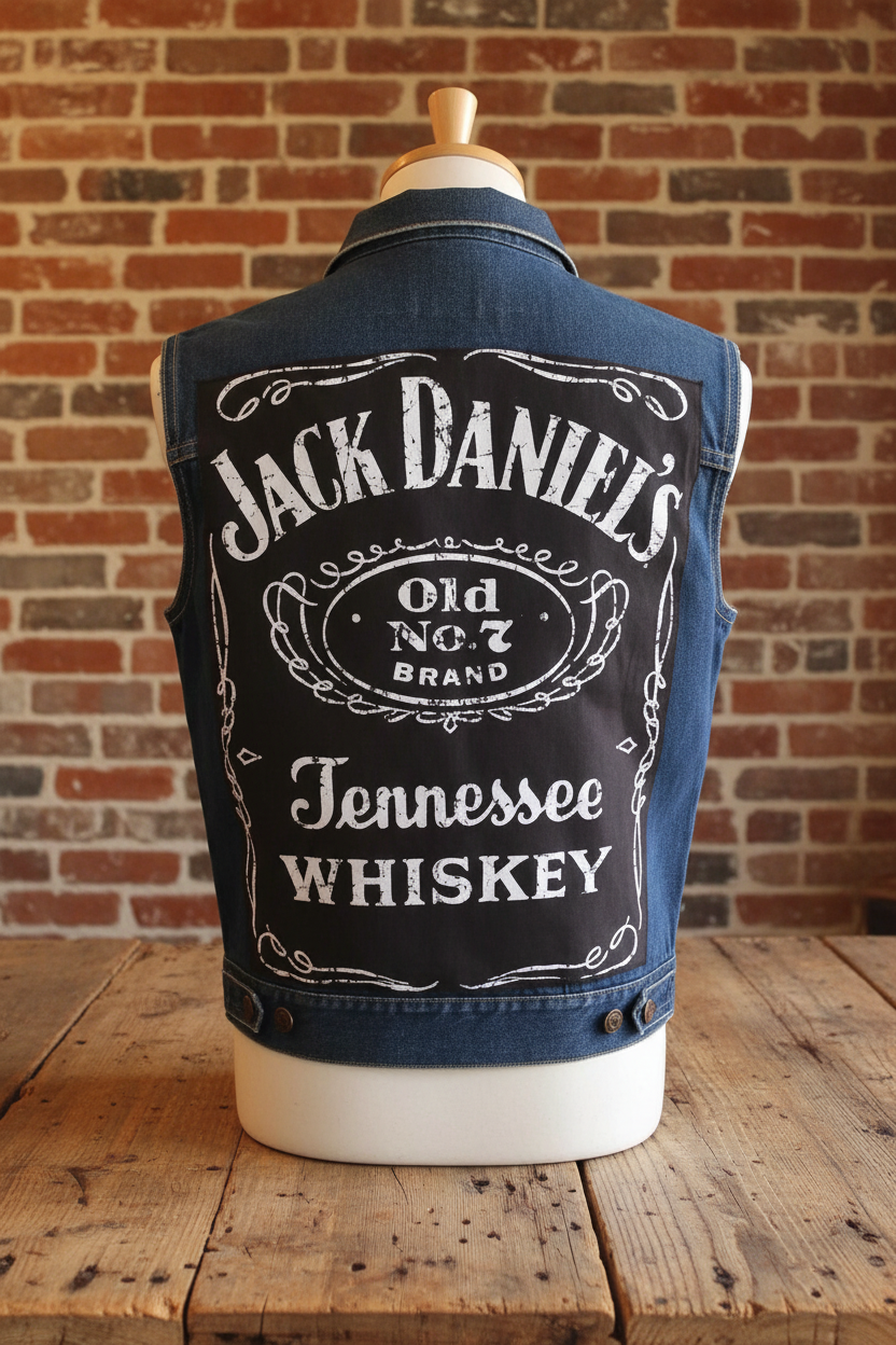 Vintage denim vest back view showing Jack Daniel's print