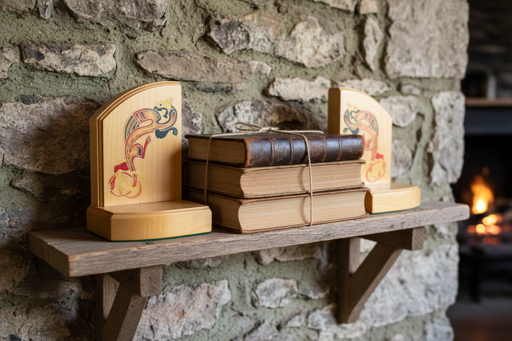 Scottish Celtic dragon wooden bookends displayed with books in vintage setting