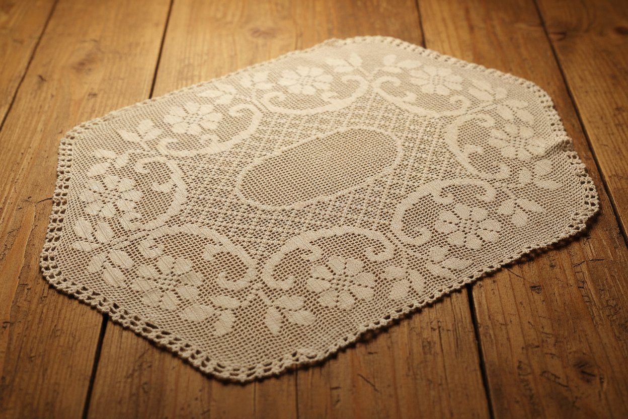 Vintage cream white hand crocheted lace doily with floral pattern and scalloped edges