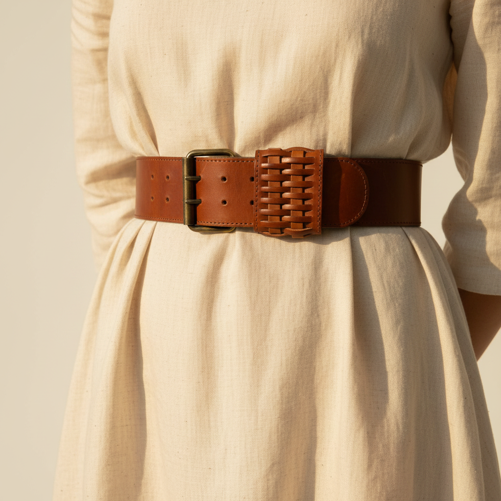 Close-up of vintage Roccobarocco Italy wide cognac leather belt with woven tip and double-prong brass buckle worn at waist
