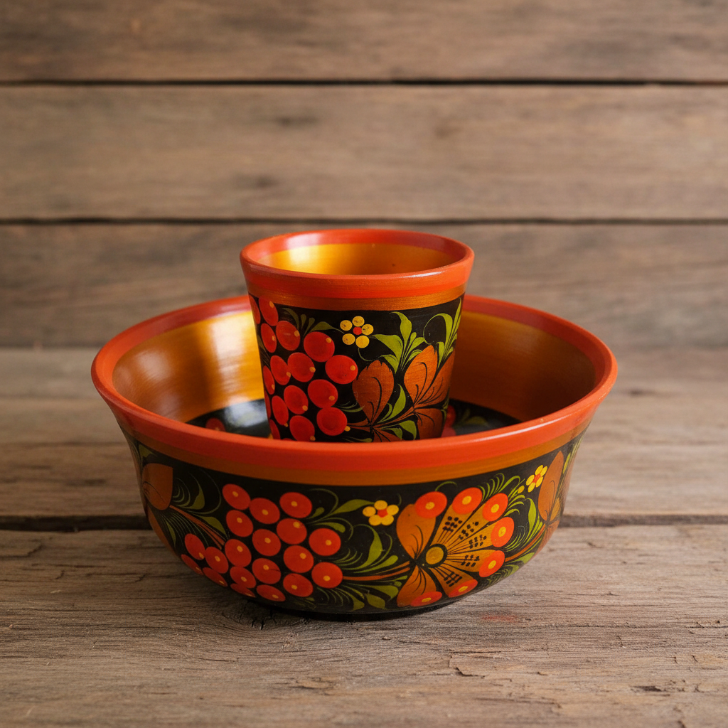 Vintage Khokhloma hand-painted wooden bowl and cup set on rustic wooden surface