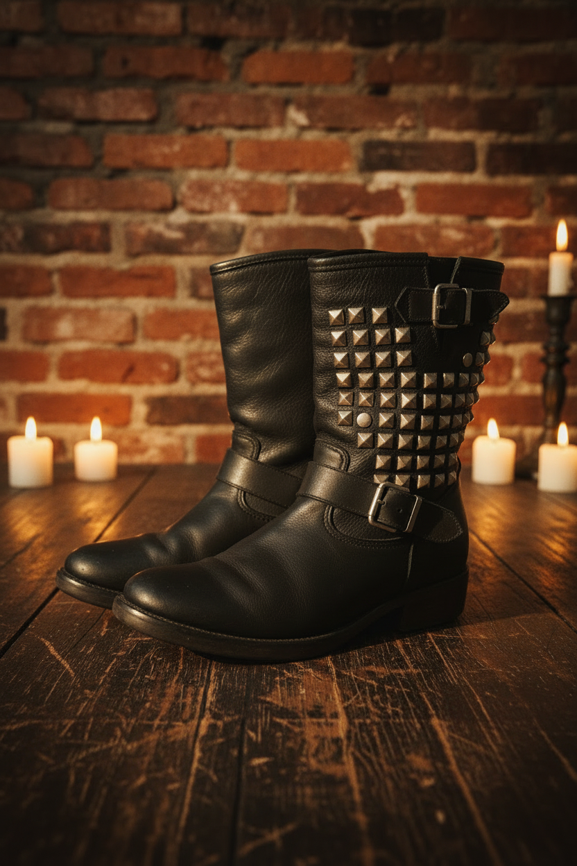 Lavorazione Artigianale vintage Italian black leather studded biker boots with silver pyramid studs
