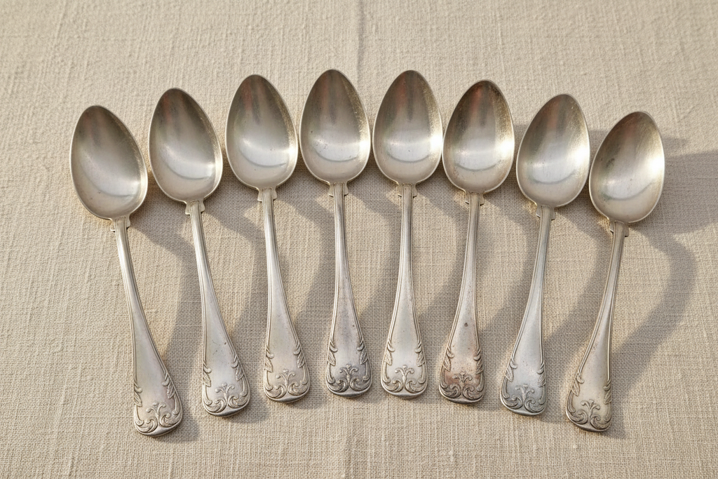 Set of 8 vintage ALPACCA silver-plated dinner spoons with floral engraving on cream linen