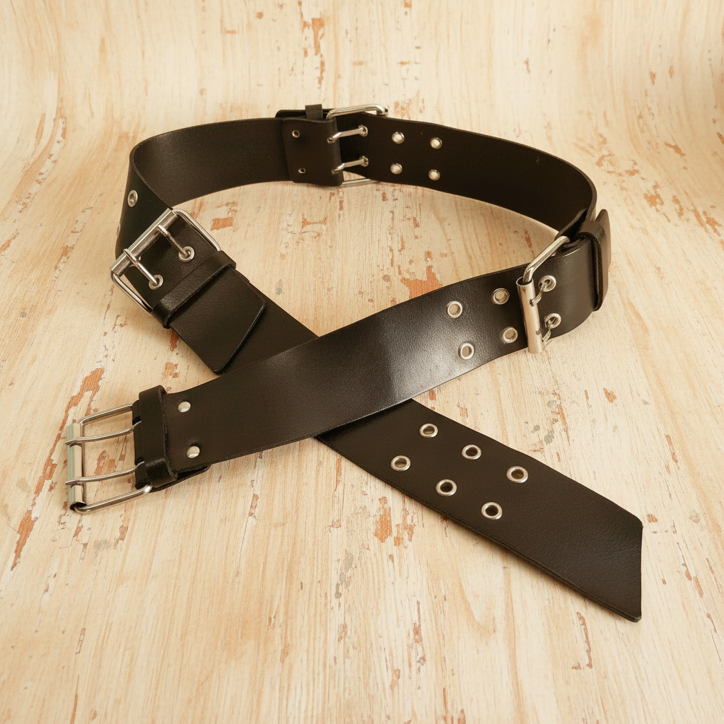Vintage black leather belt with double buckle and silver eyelets on light wooden surface