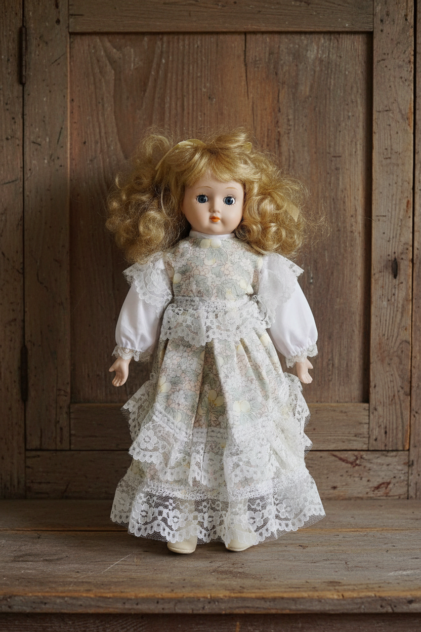 Vintage porcelain doll with curly blonde hair and lace dress in vintage setting