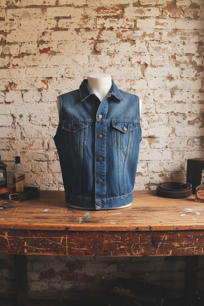 Vintage denim vest front view on mannequin