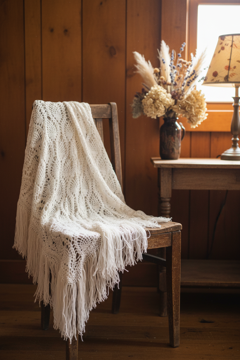 Vintage crochet shawl draped over wooden chair in bohemian vintage setting