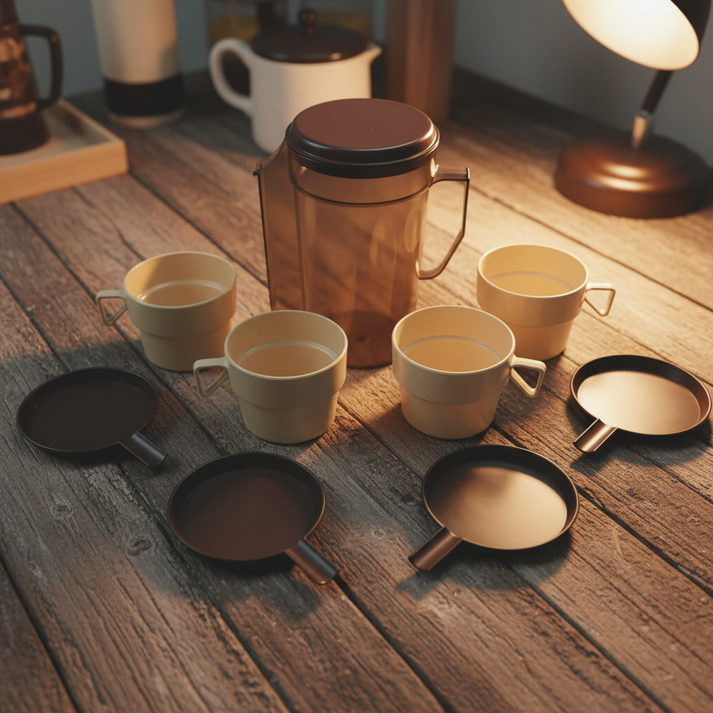 Vintage 1970s travel coffee set with smoky brown pitcher, cream cups and dark saucers
