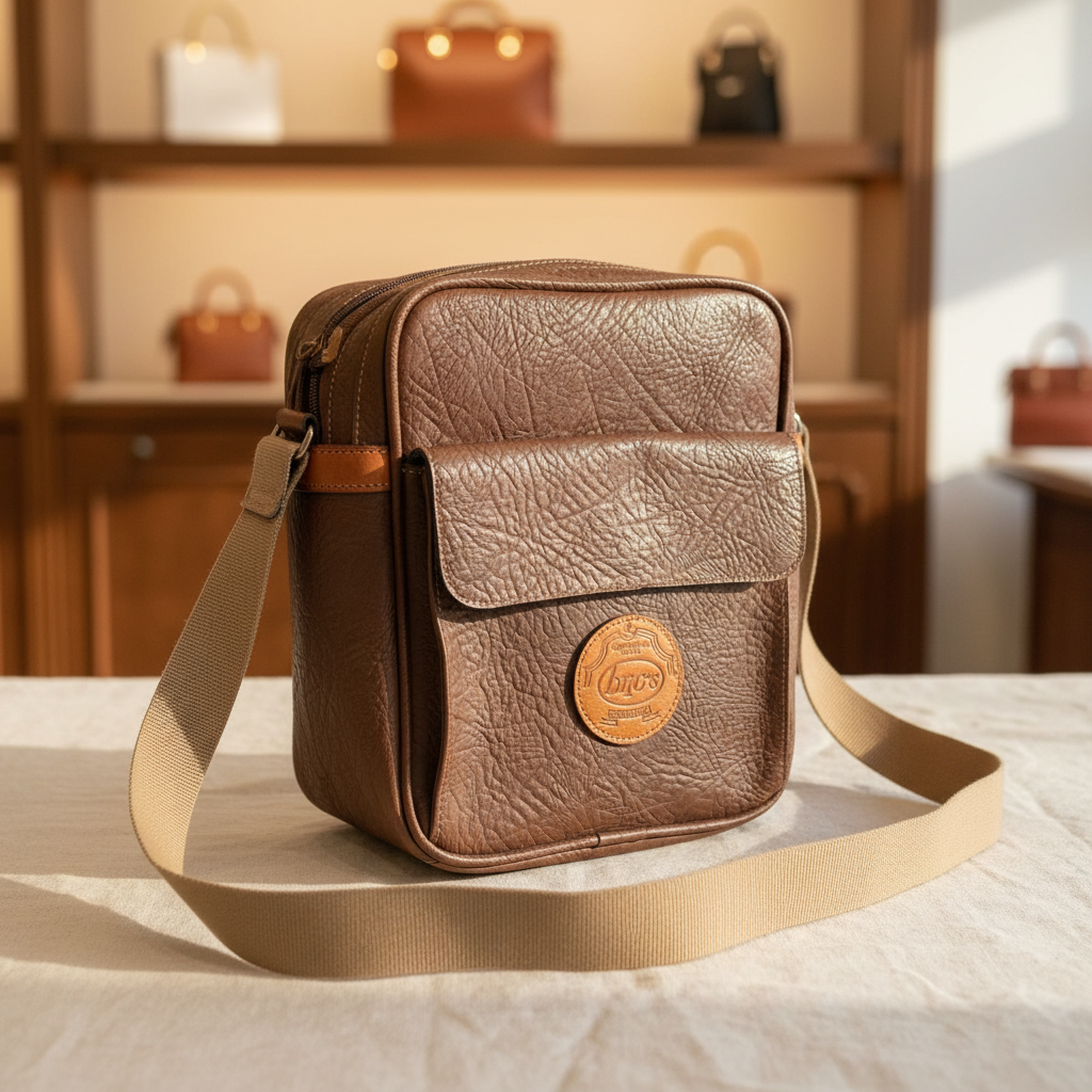 Vintage Bric's brown textured leather crossbody shoulder bag on cream linen with natural light