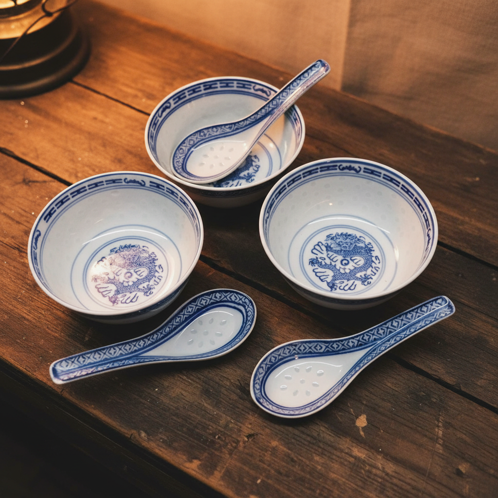 Three vintage Chinese blue and white porcelain rice bowls with three matching spoons