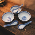 Three vintage Chinese blue and white porcelain rice bowls with three matching spoons