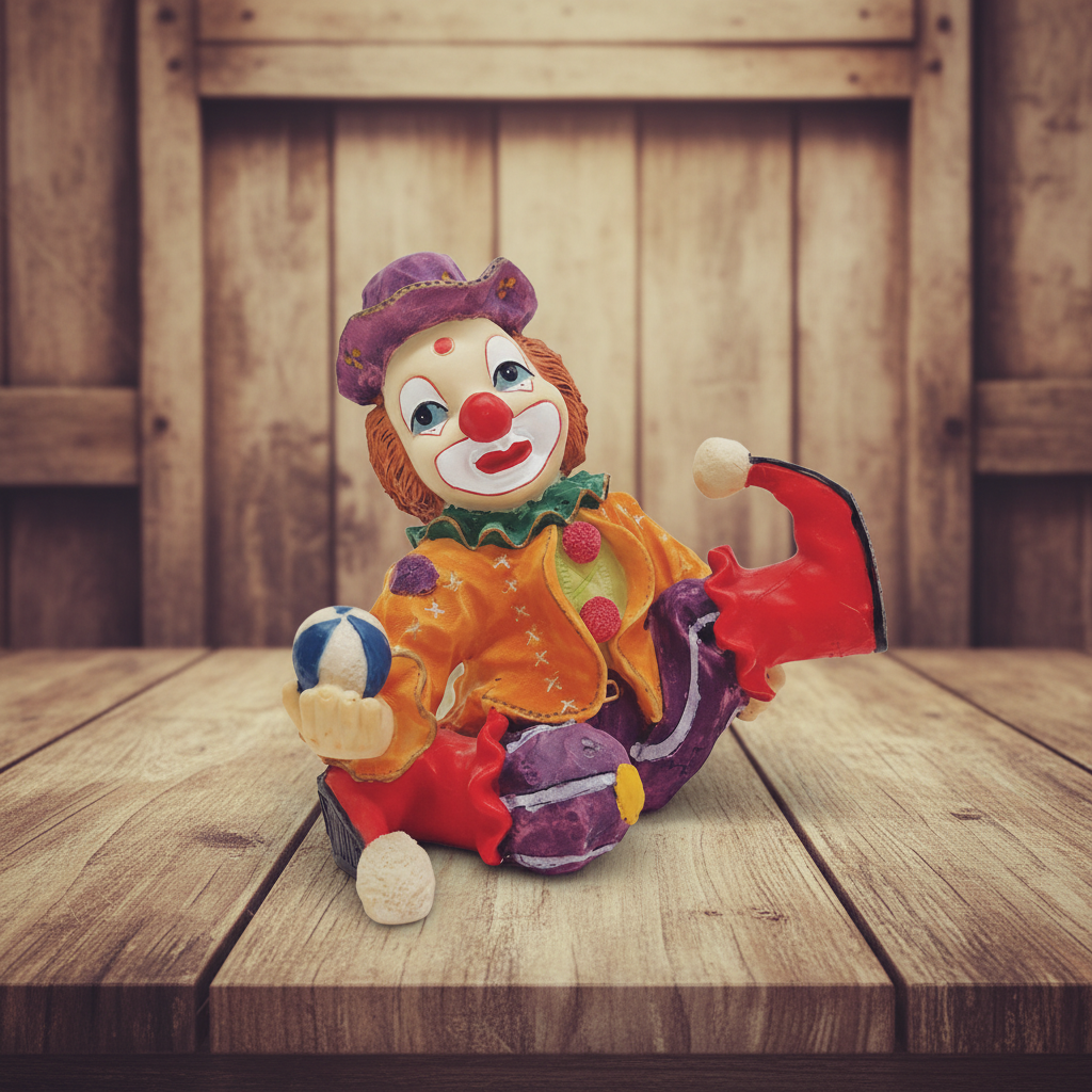 Vintage resin clown figurine in vintage setting
