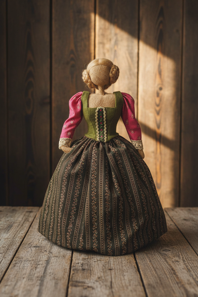 Vintage German folk doll in dirndl costume in Bavarian vintage setting