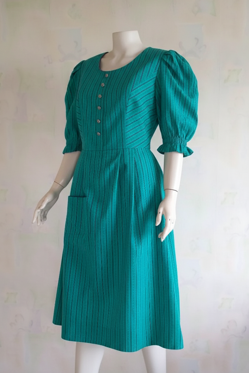 Vintage teal dress with puff sleeves, pleated bodice and silver buttons on mannequin, light grey background