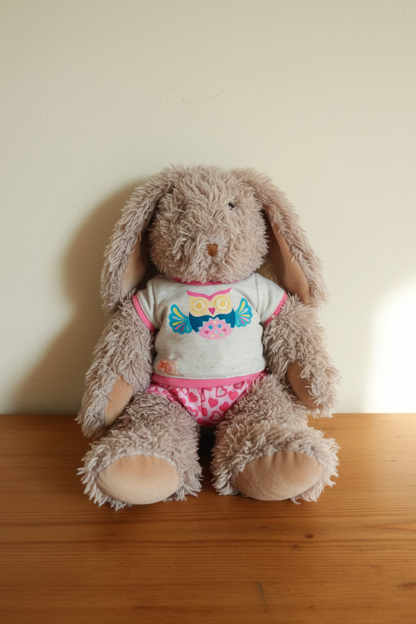Moulin Roty fluffy plush rabbit with owl t-shirt and pink heart shorts, sitting on warm wooden surface