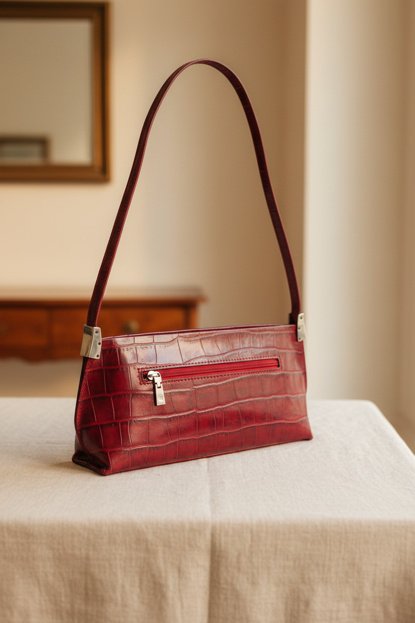 Vintage deep crimson red croc-embossed leather shoulder bag on cream linen background