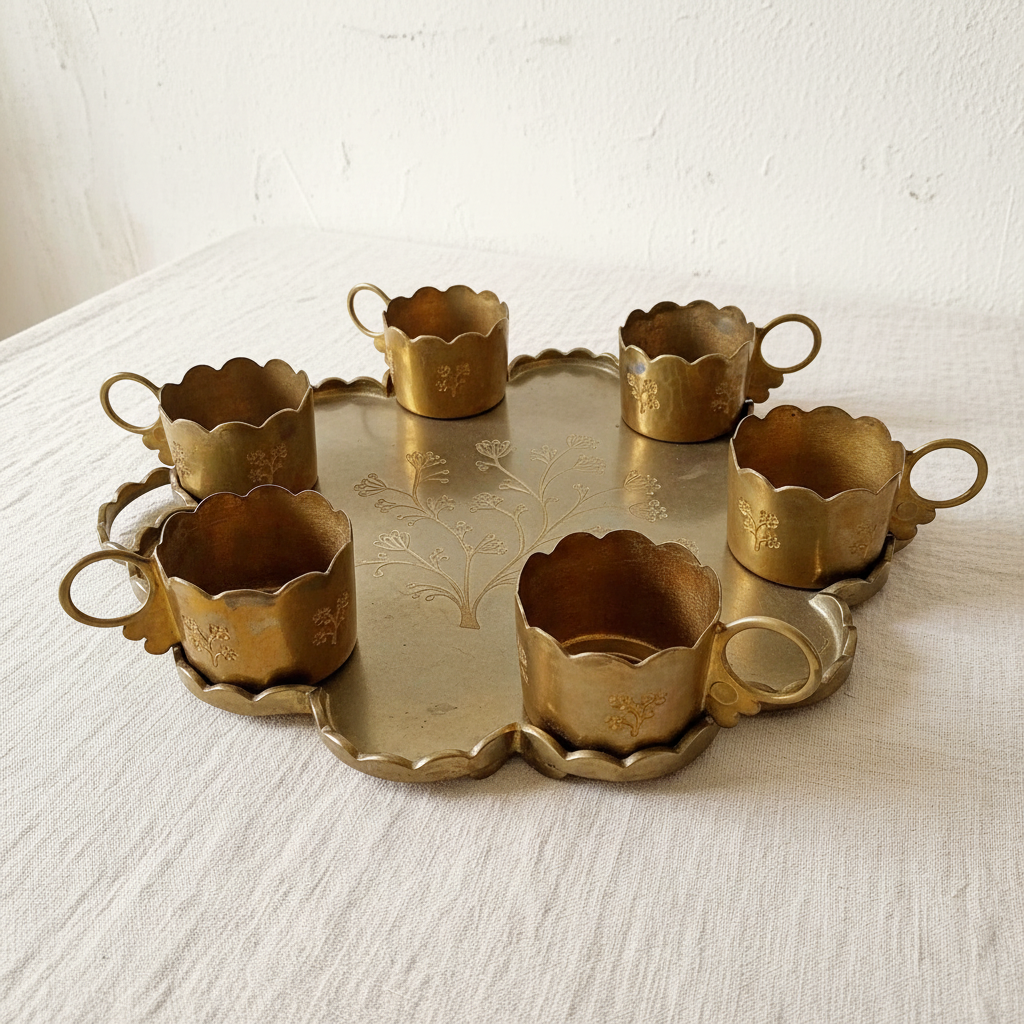 Antique brass serving tray with 6 cup holders on light cream background