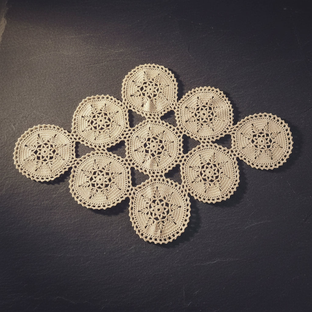 Vintage Bulgarian hand-crocheted cream cotton doily on dark background