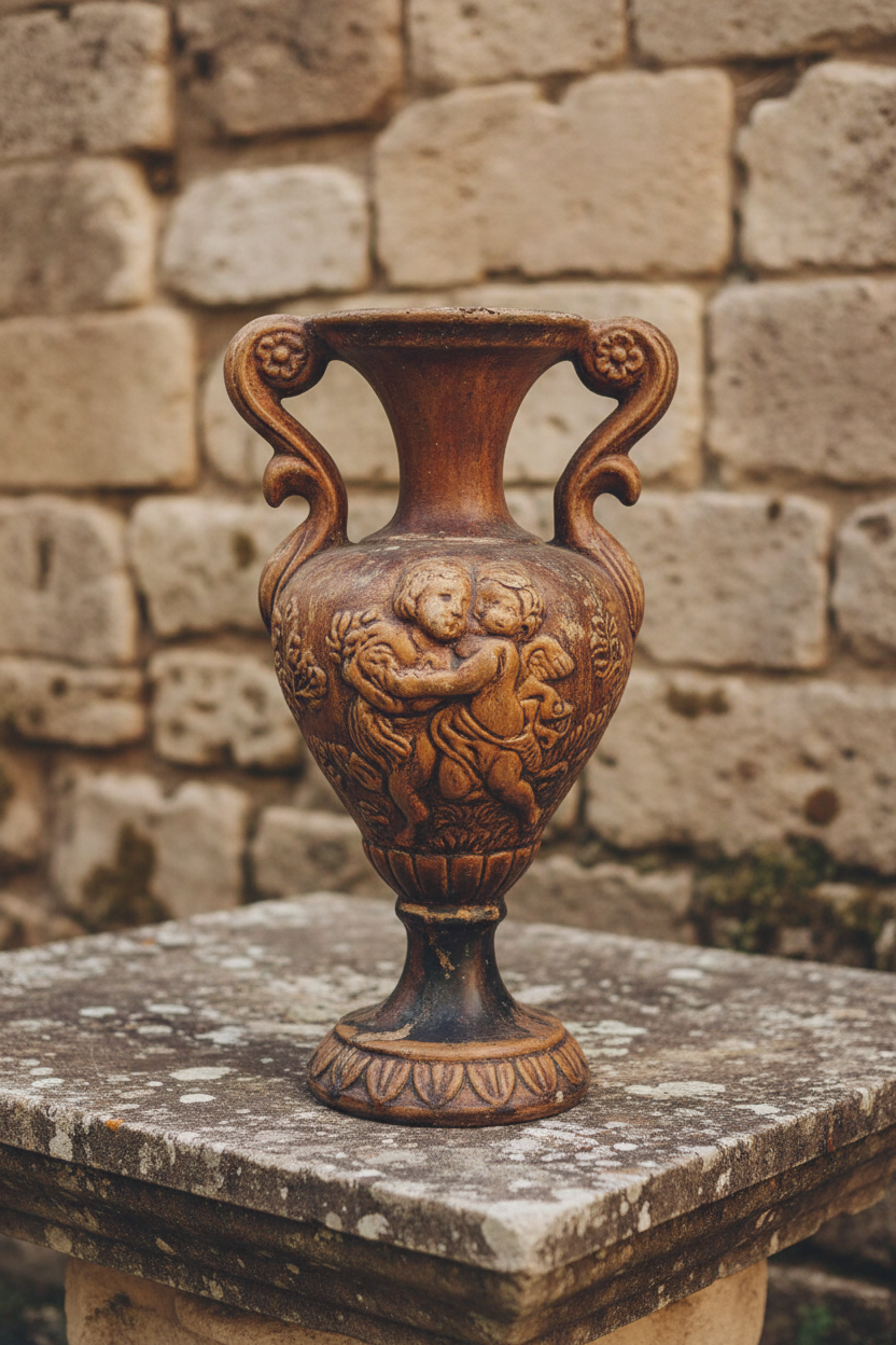 Antique terracotta amphora with cherubs in classical vintage setting