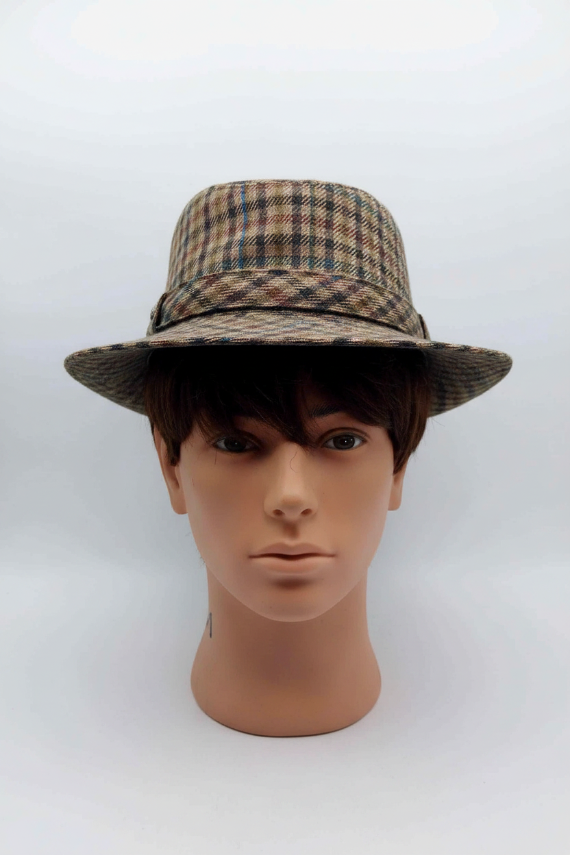 Vintage Mayser tweed fedora hat front view on mannequin head, light background