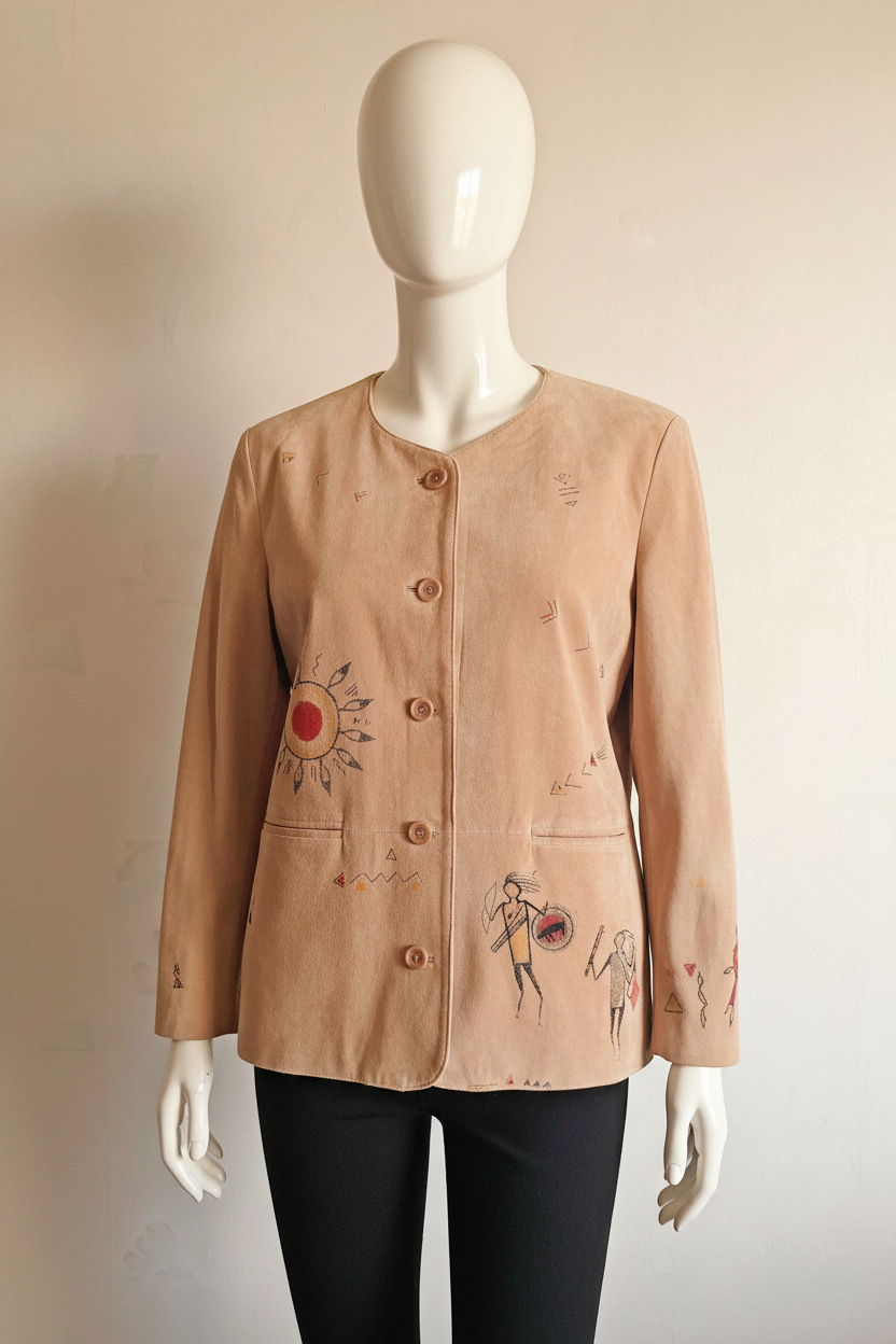 Vintage JAZZ faux suede jacket with hand-painted primitive art motifs on mannequin, front view