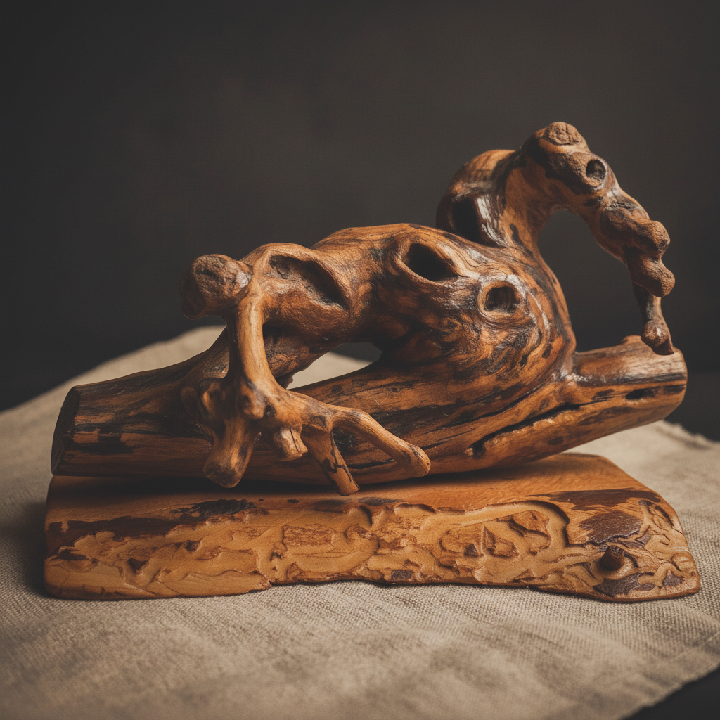 Handcrafted tree root horse sculpture on cream linen background with natural light