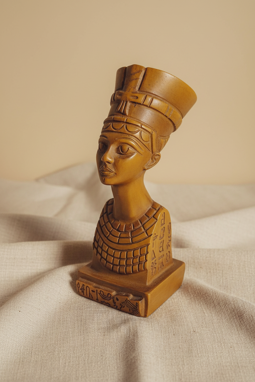 Vintage polyresin bust of Queen Nefertiti in warm honey-brown tone on cream linen background