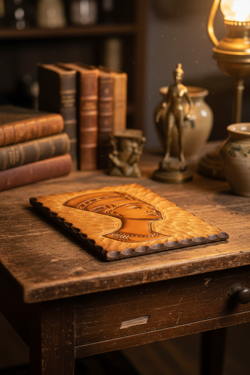 Hand-carved leather wall plaque with Queen Nefertiti relief portrait