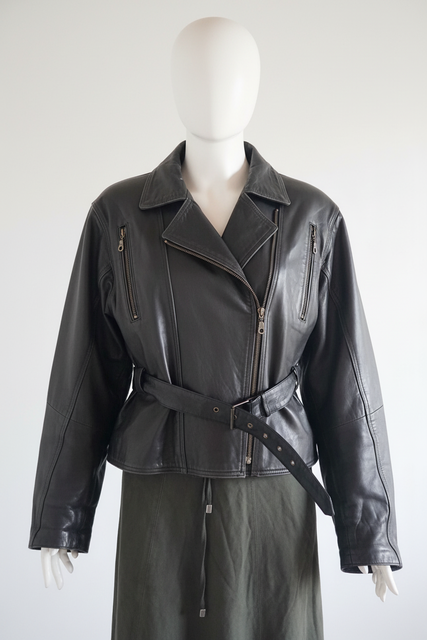 Vintage black leather biker jacket centered front view on mannequin
