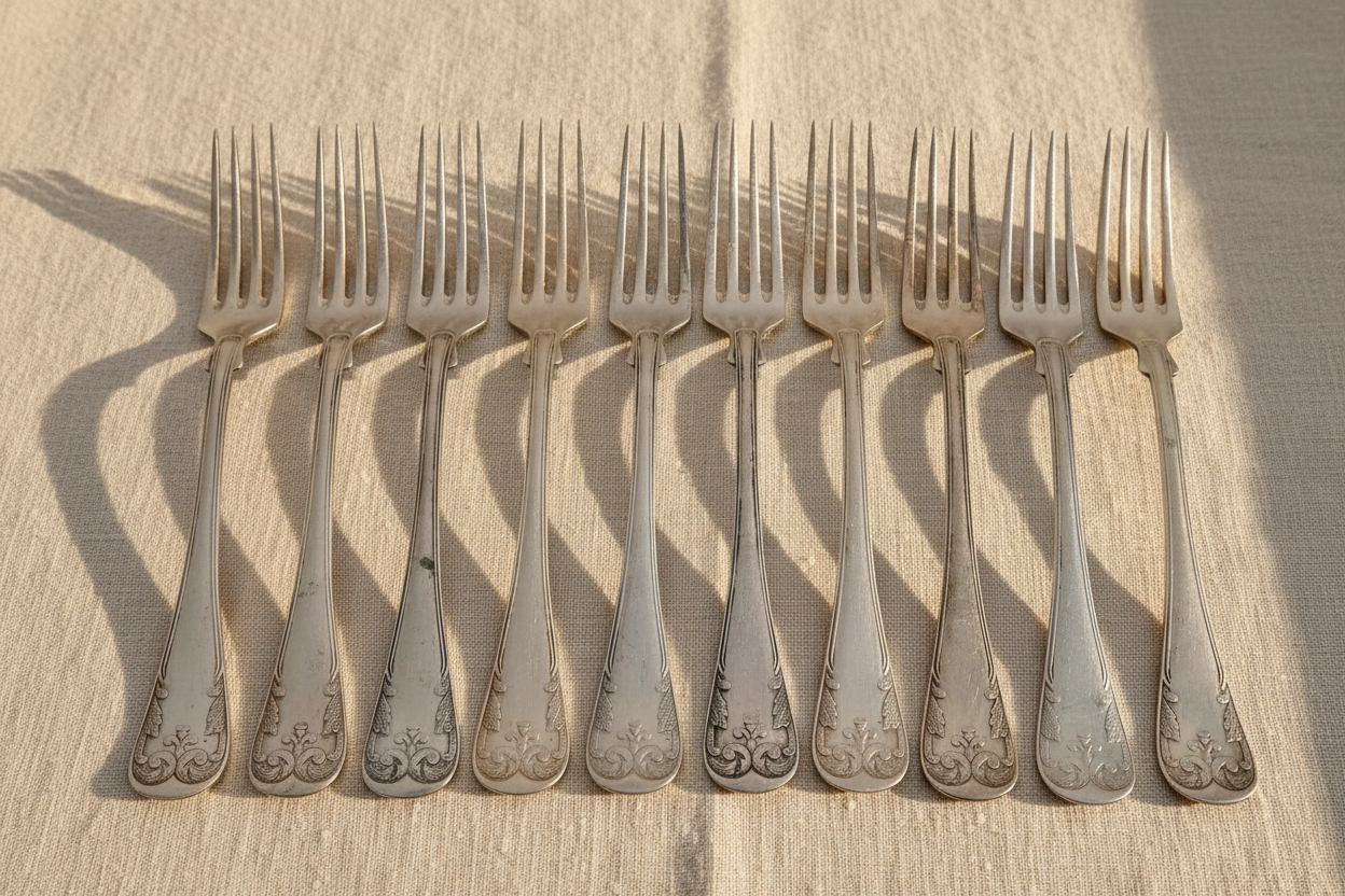 Set of 8 vintage ALPACCA silver-plated dinner forks with floral engraving on cream linen