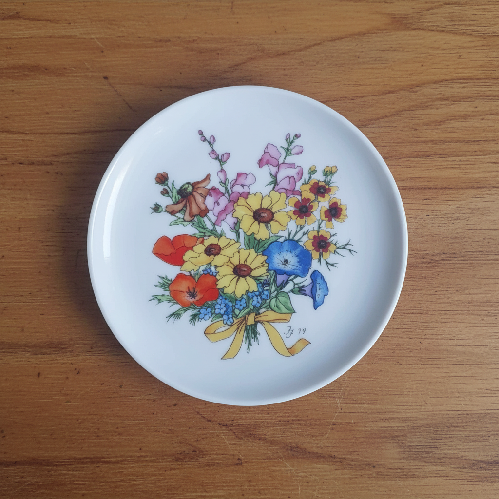 Funny Design vintage porcelain miniature plate with wild flower bouquet on warm wooden surface