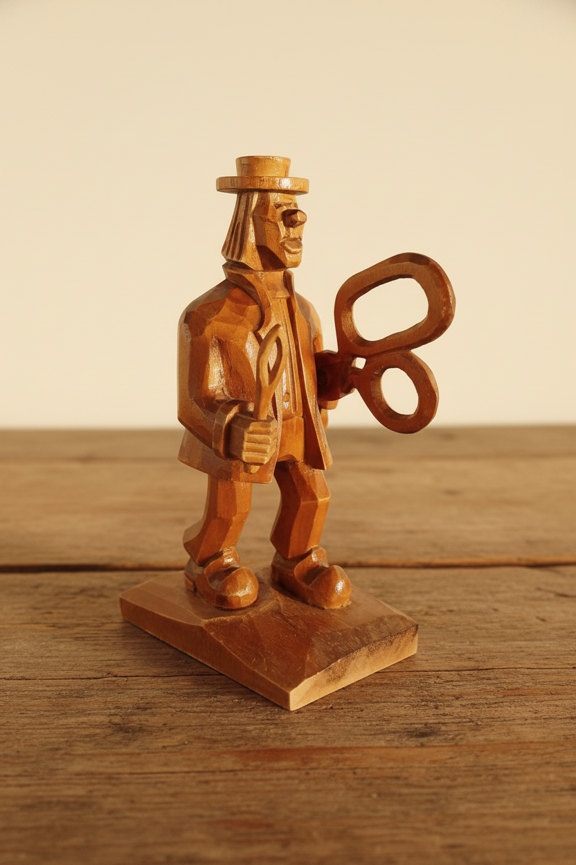 Hand-carved wooden folk art figure of a man with hat and scissors on rustic wooden surface