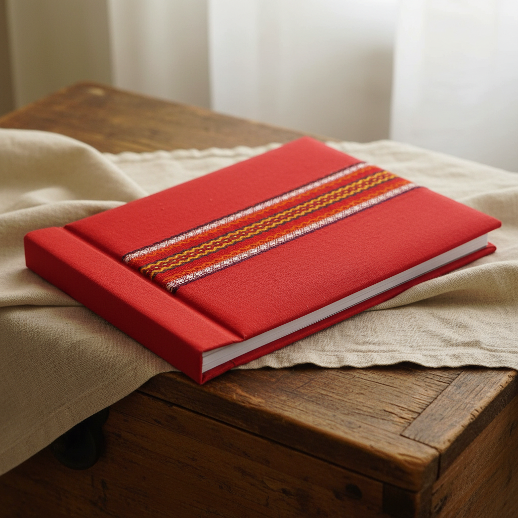 Vintage red fabric photo album with traditional Bulgarian folk embroidery ribbon trim