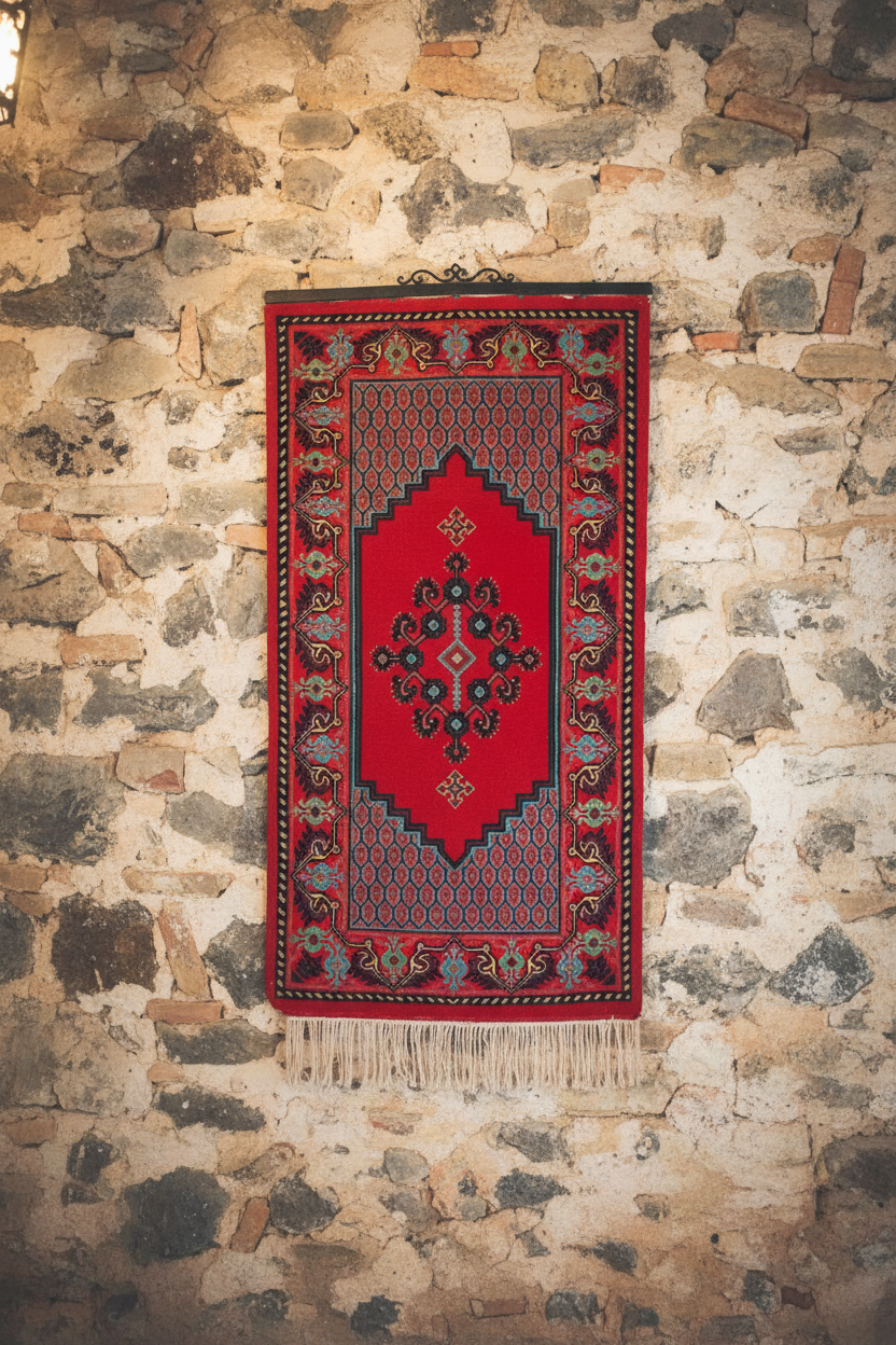 Vintage Tunisian wool wall rug in Mediterranean interior setting