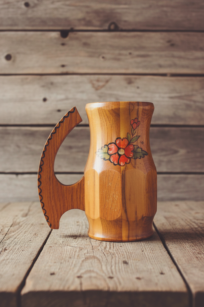 Vintage wooden beer mug with floral folk art in rustic vintage setting