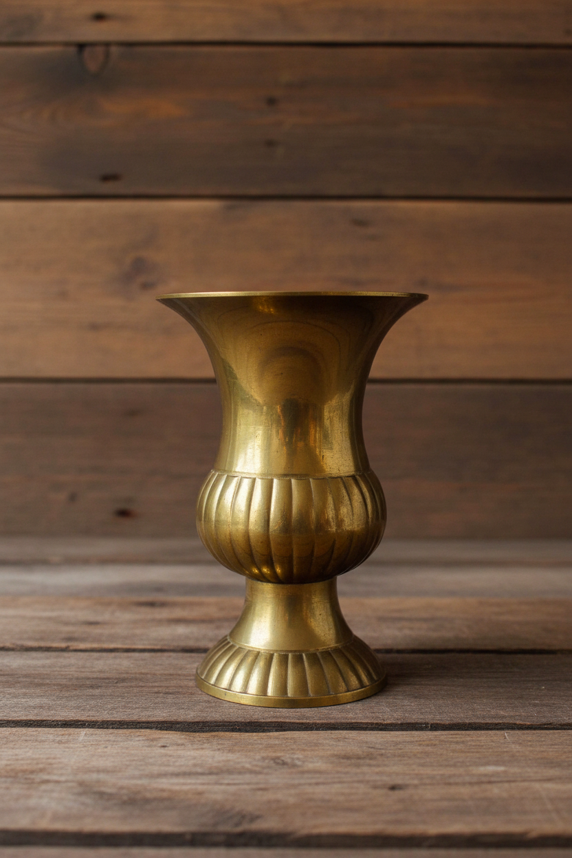Antique brass vase with ribbed spiral relief and clean polished finish in vintage setting