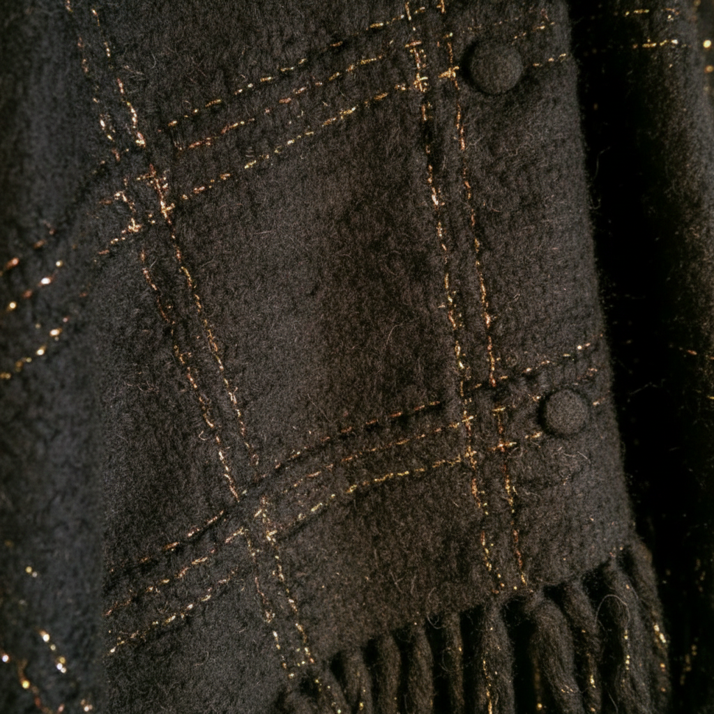 Close-up detail of gold metallic thread diamond lattice pattern on vintage Finnish wool poncho