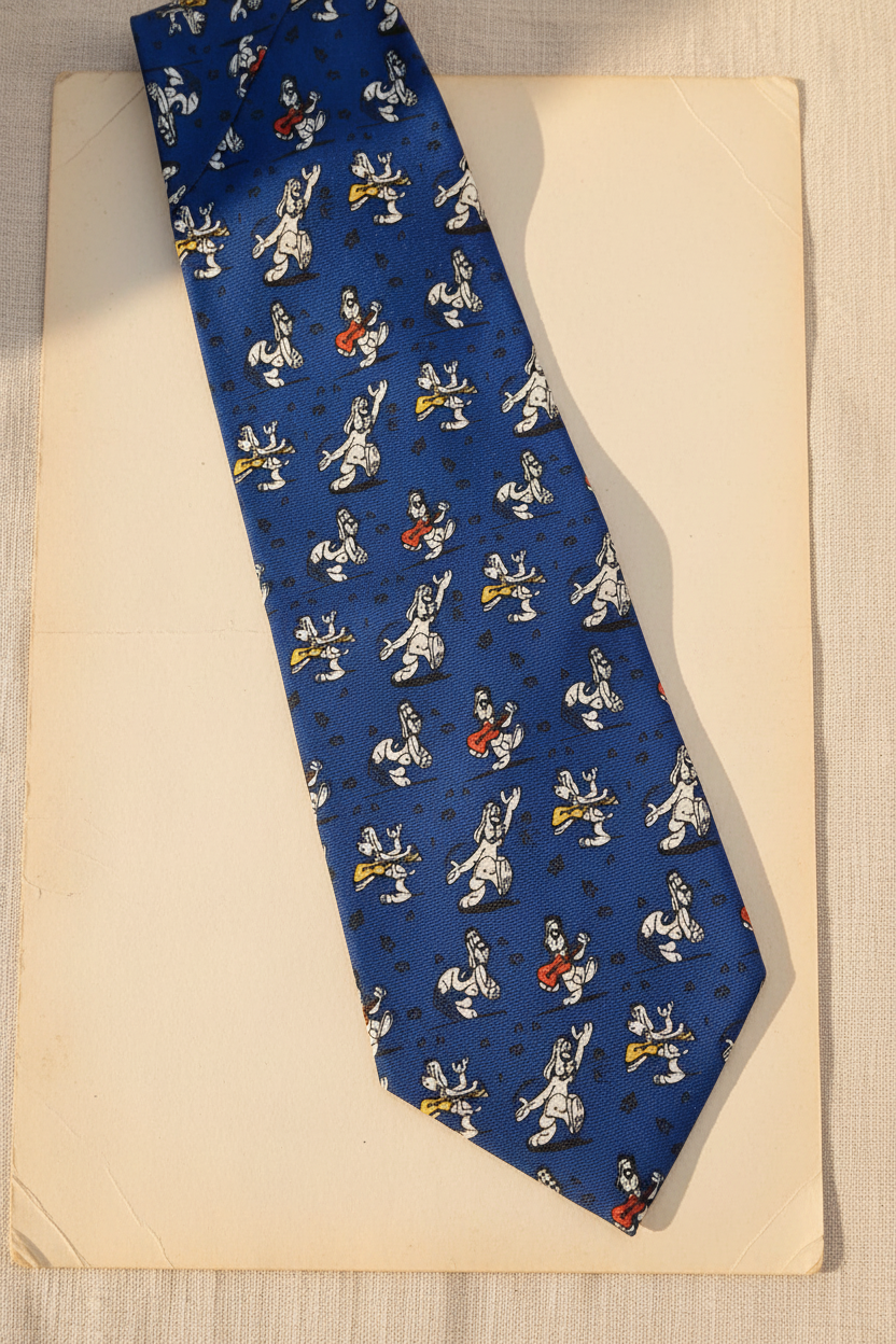 Gai-Luron vintage novelty tie 1996 in royal blue with cartoon dog playing guitar print