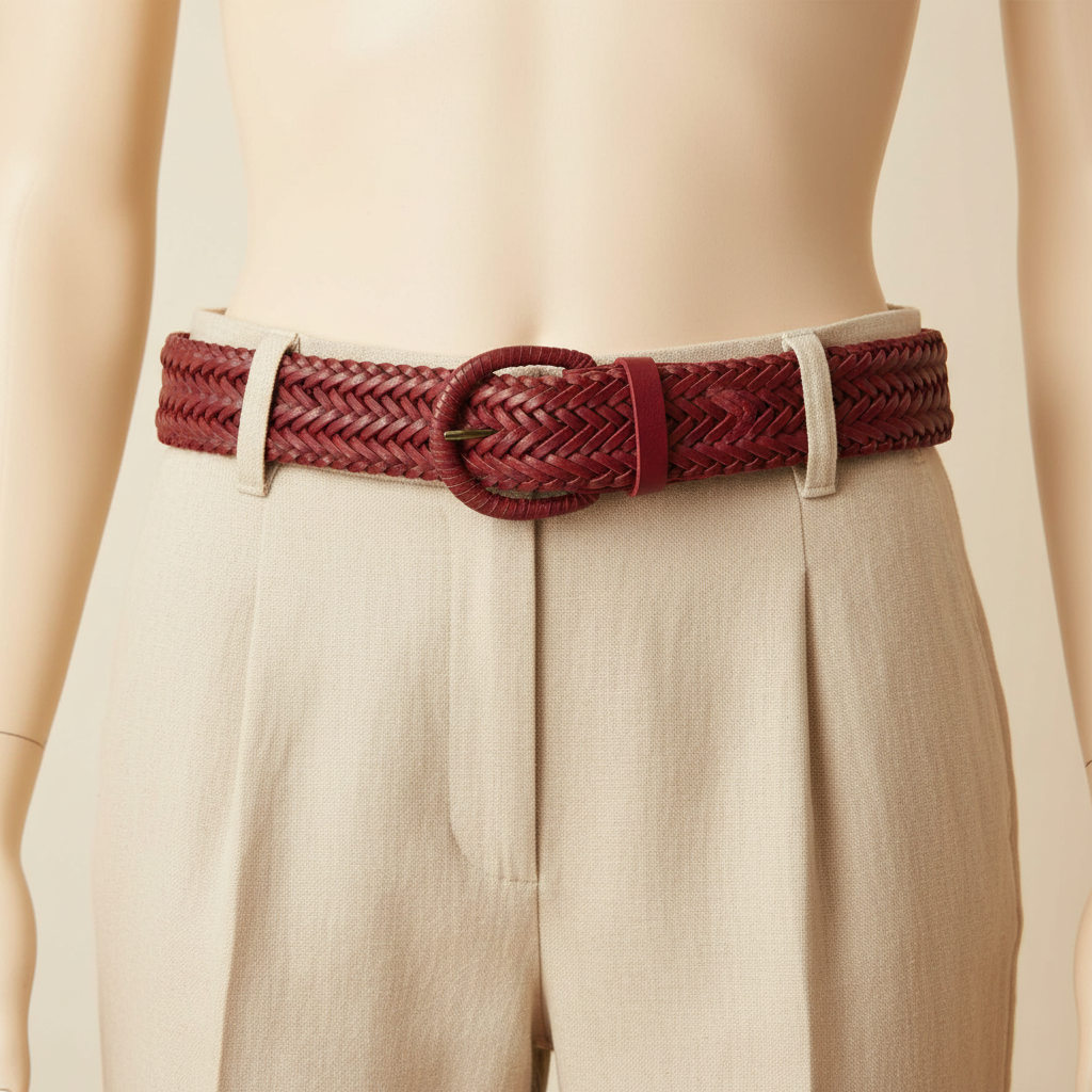Close-up of burgundy braided leather belt by Lindex worn on mannequin, showing herringbone weave and round buckle