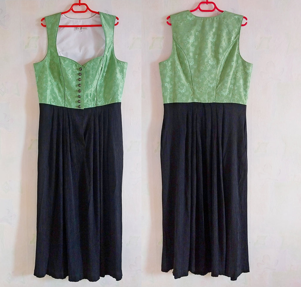 Vintage Dirndl dress by Lois Louison with green jacquard bodice and navy pleated skirt, front and back view