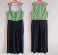 Vintage Dirndl dress by Lois Louison with green jacquard bodice and navy pleated skirt, front and back view