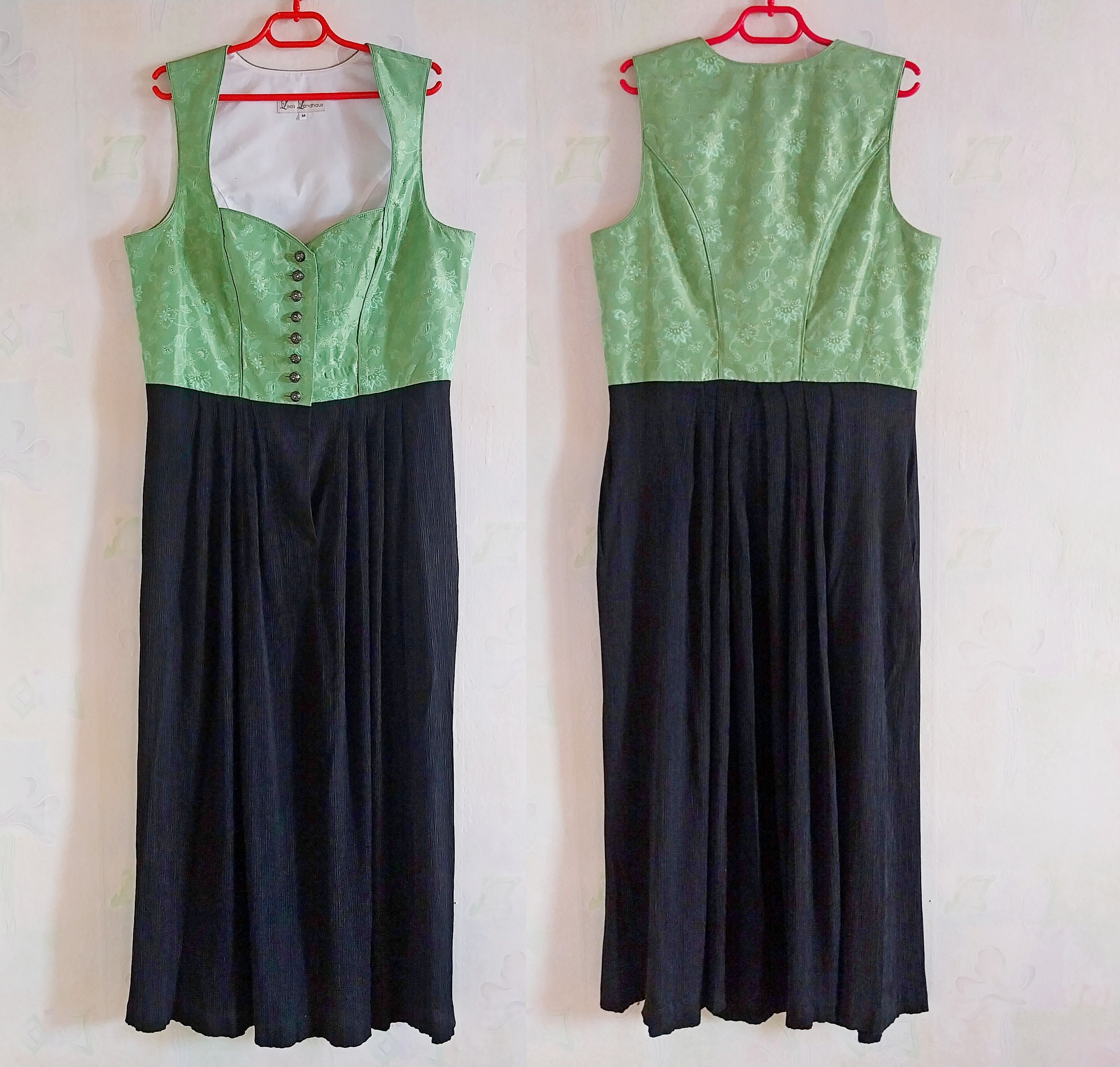 Vintage Dirndl dress by Lois Louison with green jacquard bodice and navy pleated skirt, front and back view