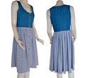 Vintage Austrian dirndl dress with denim bodice and blue plaid pleated skirt, front and back view